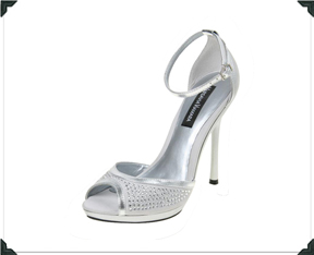 Gorgeous, to die for, platinum silver high heels with crystals on the vamp of the classic open-toe high heel.