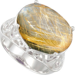 13.75 Carat Rutilated Gold Quartz and Sterling Silver Filigree Ring.