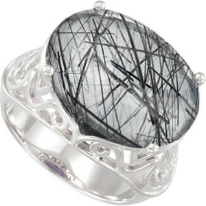 13.75 Carat Tourmalinated Black Quartz Sterling Silver Filigree Ring.