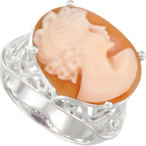 5.0 Carat Orange Shell Cameo Ring of Victorian Lady and Sterling Silver Filigree.