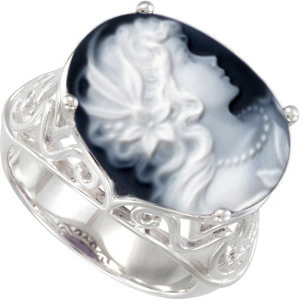 6.3 Carat Black Agate Cameo Ring in Sterling Silver Filigree.