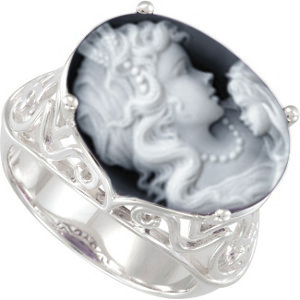 6.3 Carat Black Agate Mother and Child Cameo Sterling Silver Filigree Ring.