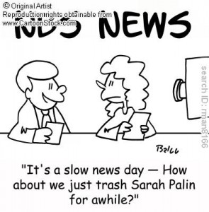 It's a slow news day. How about we just trash Sarah Palin for awhile? The arrogance of the news media and politicians is fed to us on a daily basis. There doesn't have to be any fact involved, only biased opinion for news media today.