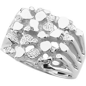 14k White Gold Rhodium Plated Contemporary Nugget Ring, 15 x 10mm.