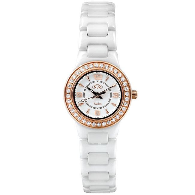 Womens Rose Gold Immersion Plated and White Ceramic Couture™ Watch with CZ’s.