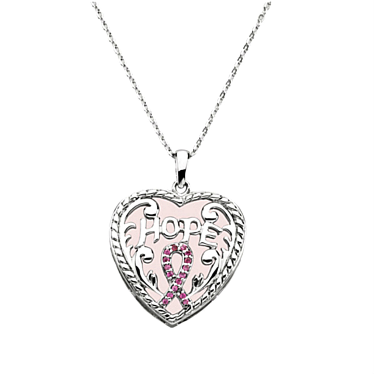 Pink Cubic Zirconia and Rose Quartz 'Breast Cancer Awareness' Hope Pendant Rhodium Plate Sterling Silver Necklace.