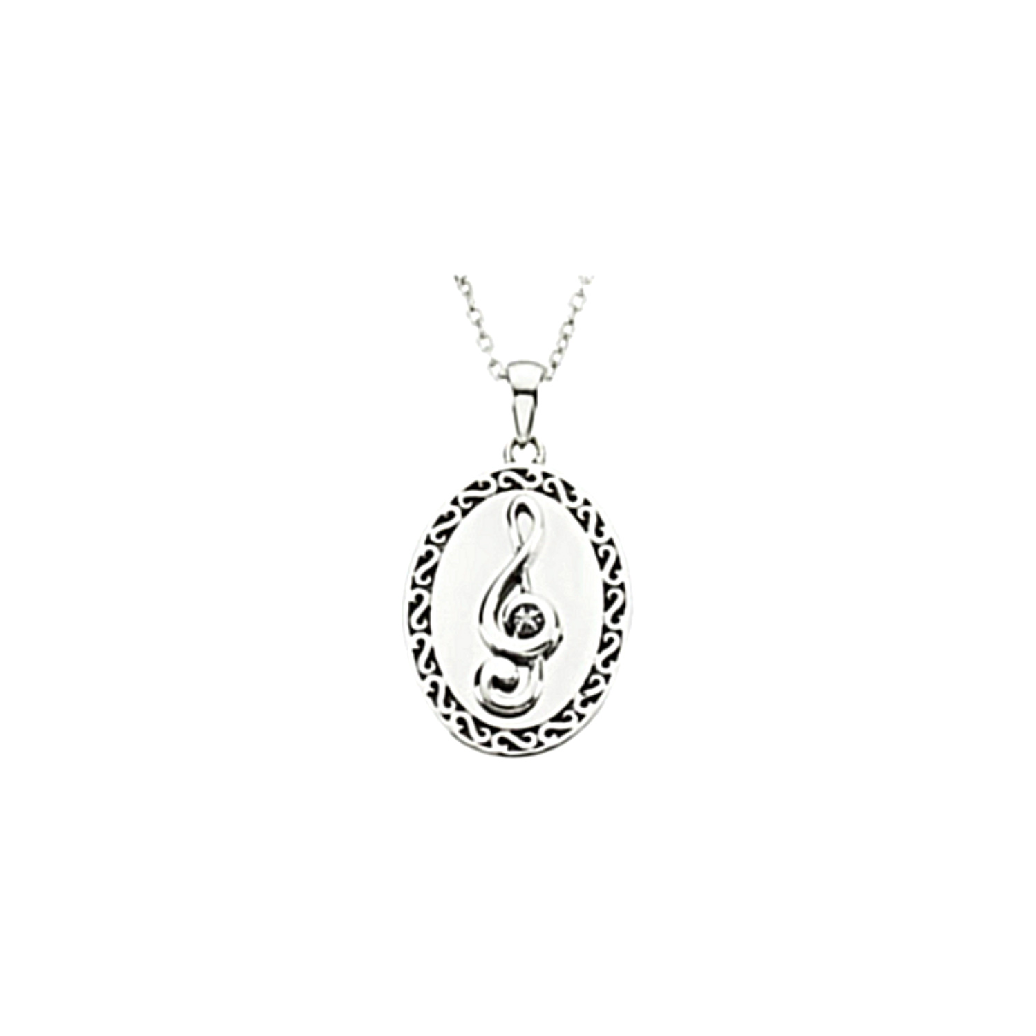Diamond 'Sing' Treble Note Rhodium Plate Sterling Silver Pendant Necklace. 