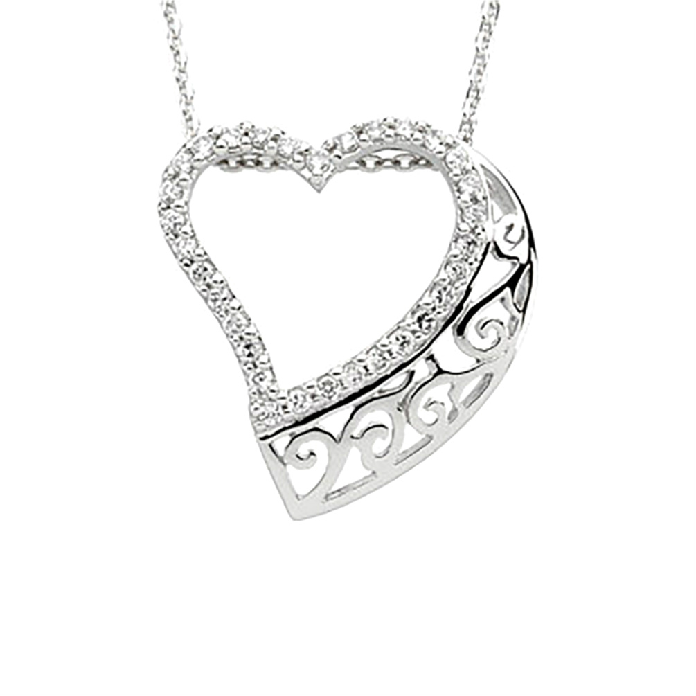 CZ 'Walking Beside You' Rhodium Plate Sterling Silver Filigree Heart Pendant Necklace, 18".