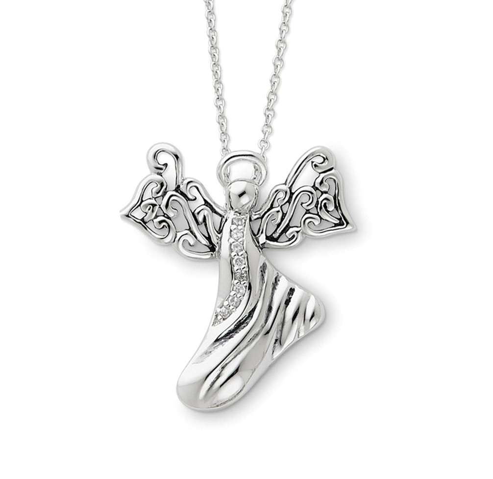 'Angel of Hope' CZ Pendant Necklace, Antiqued Rhodium-Plated Sterling Silver.