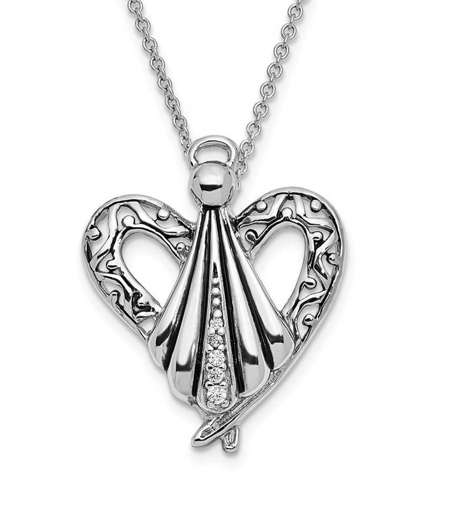 'Angel of Friendship' CZ Pendant Necklace, Antiqued Rhodium-Plated Sterling Silver.