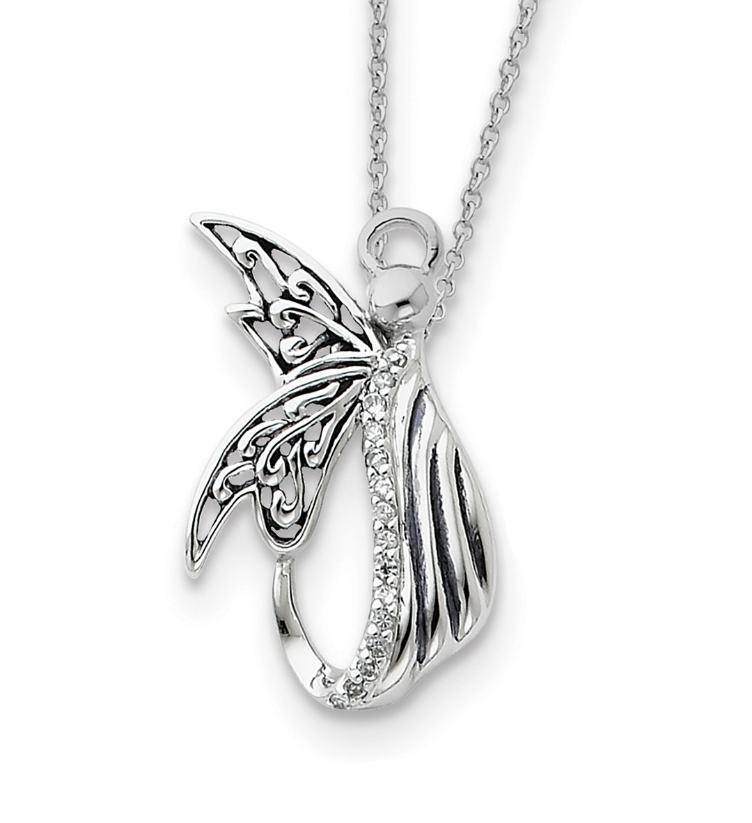 'Angel of Perseverance' CZ Pendant Necklace, Antiqued Rhodium-Plated Sterling Silver.