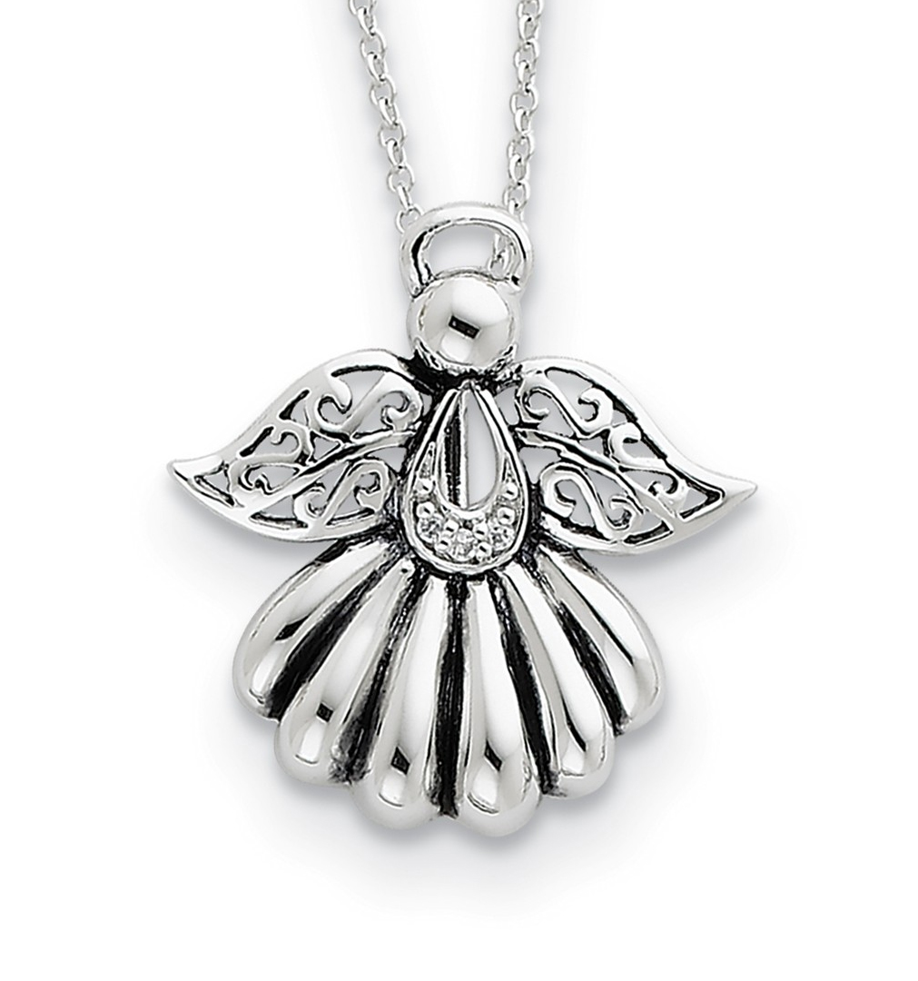 'Angel of Remembrance' CZ Pendant Necklace, Antiqued Rhodium-Plated Sterling Silver.