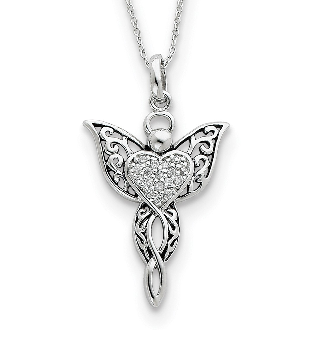 'Angel of Blessing' CZ Pendant Necklace, Antiqued Rhodium-Plated Sterling Silver.