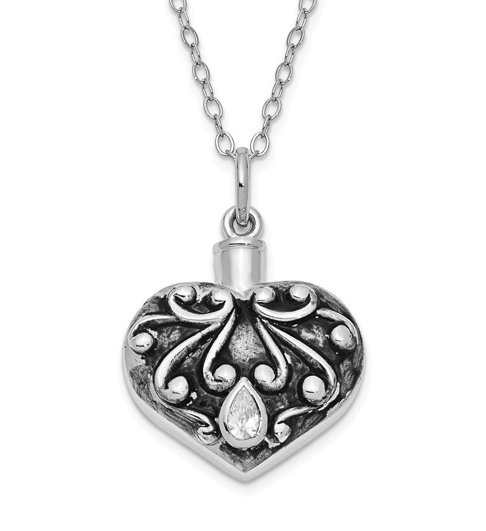 'Heart Remembrance' CZ Ash Holder Pendant Necklace, Antiqued Rhodium-Plated Sterling Silver.
