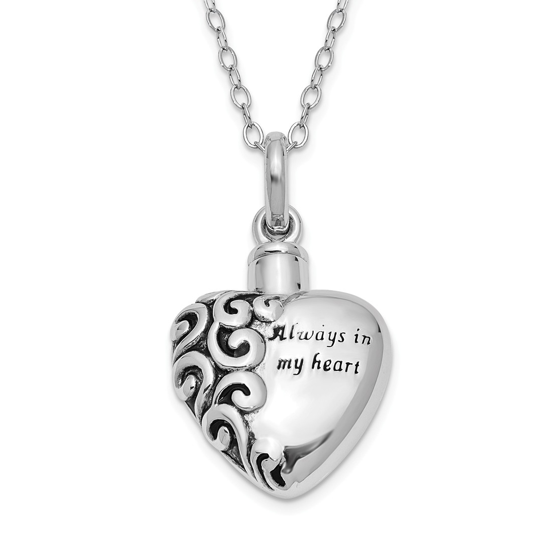 Antiqued 'Heart Remembrance' Ash Holder Pendant Necklace, Rhodium-Plated Sterling Silver.