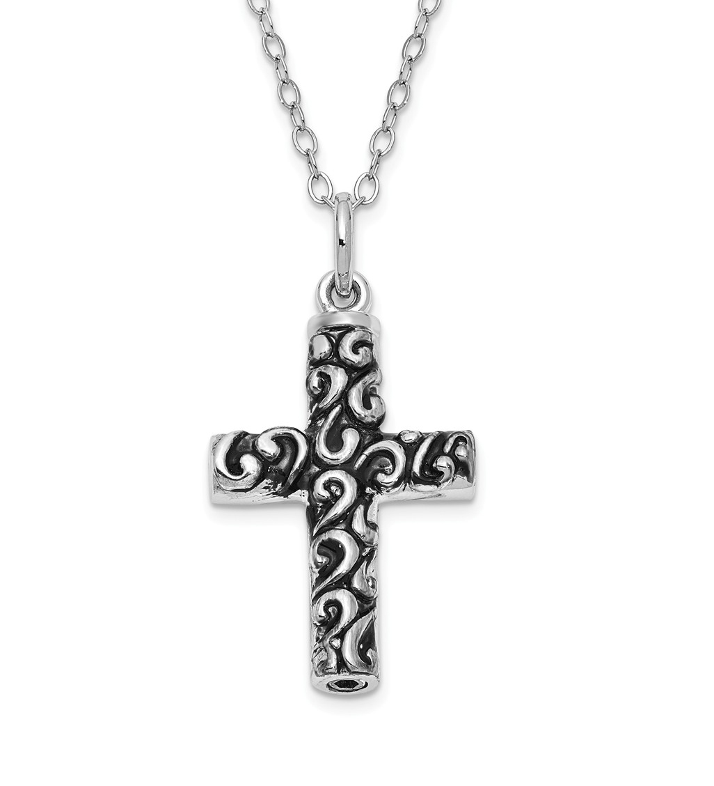 Antiqued 'Cross Remembrance' Ash Holder Pendant Necklace, Rhodium-Plated Sterling Silver.