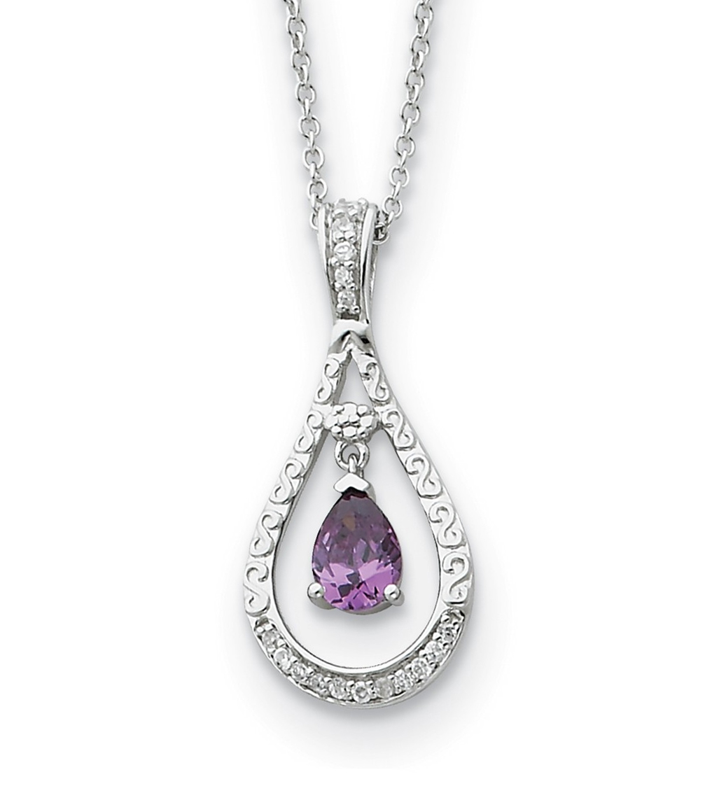 Antiqued February CZ Birthstone 'Never Forget Tear' Pendant Necklace, Rhodium-Plated Sterling Silver.