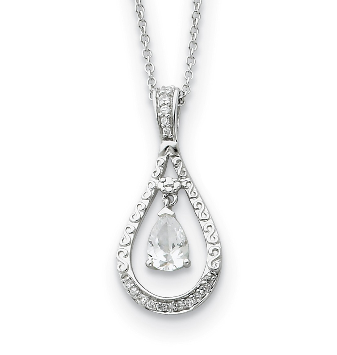 Antiqued April CZ Birthstone 'Never Forget Tear' Pendant Necklace, Rhodium-Plated Sterling Silver.