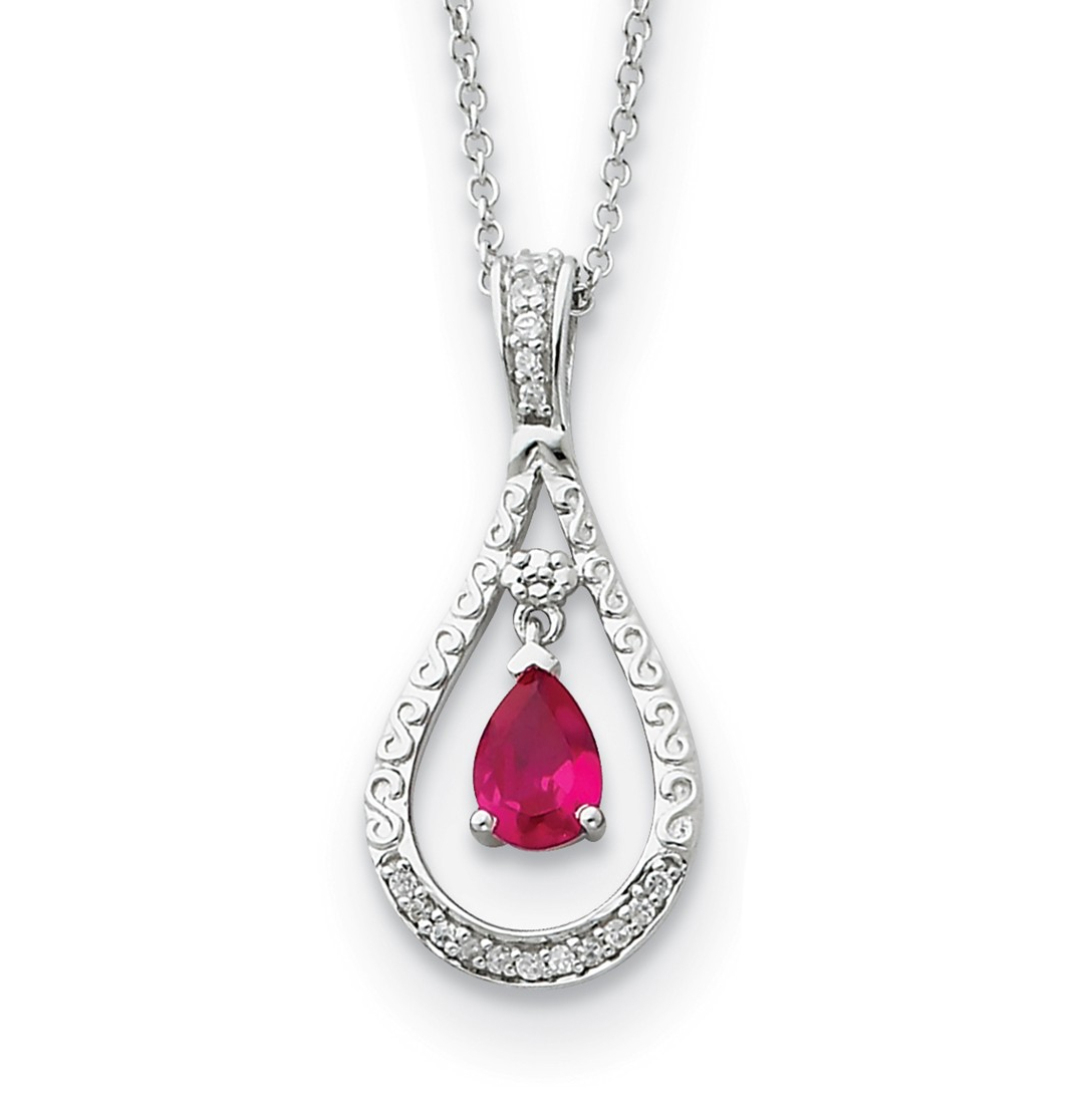 Antiqued July CZ Birthstone 'Never Forget Tear' Pendant Necklace, Rhodium-Plated Sterling Silver.