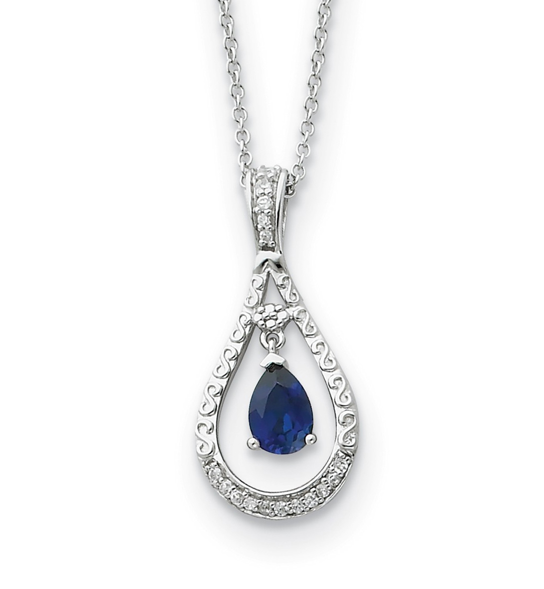 Antiqued September CZ Birthstone 'Never Forget Tear' Pendant Necklace, Rhodium-Plated Sterling Silver.