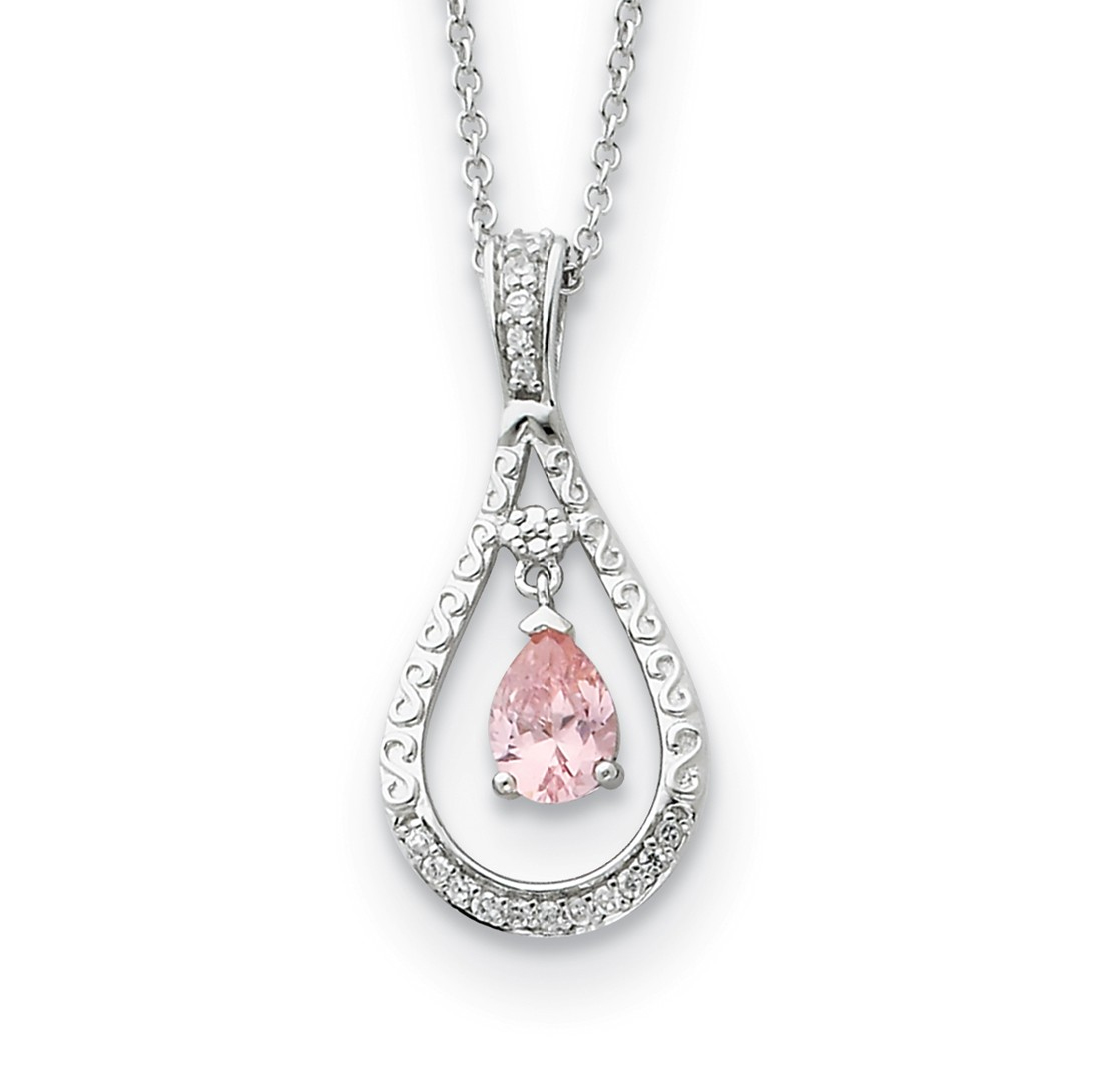 Antiqued October CZ Birthstone 'Never Forget Tear' Pendant Necklace, Rhodium-Plated Sterling Silver.