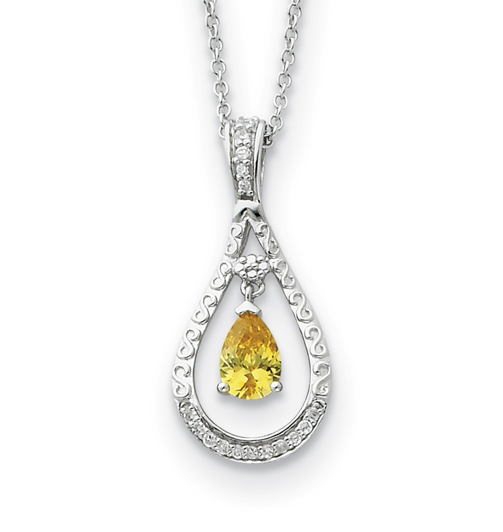 Antiqued November CZ Birthstone 'Never Forget Tear' Pendant Necklace, Rhodium-Plated Sterling Silver.
