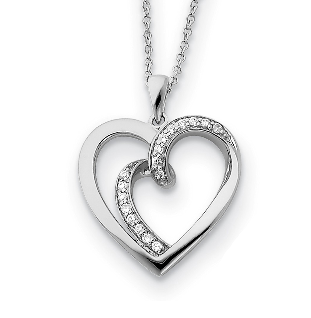  'Two Souls Lived As One' CZ Heart Pendant Necklace, Rhodium-Plated Sterling Silver.