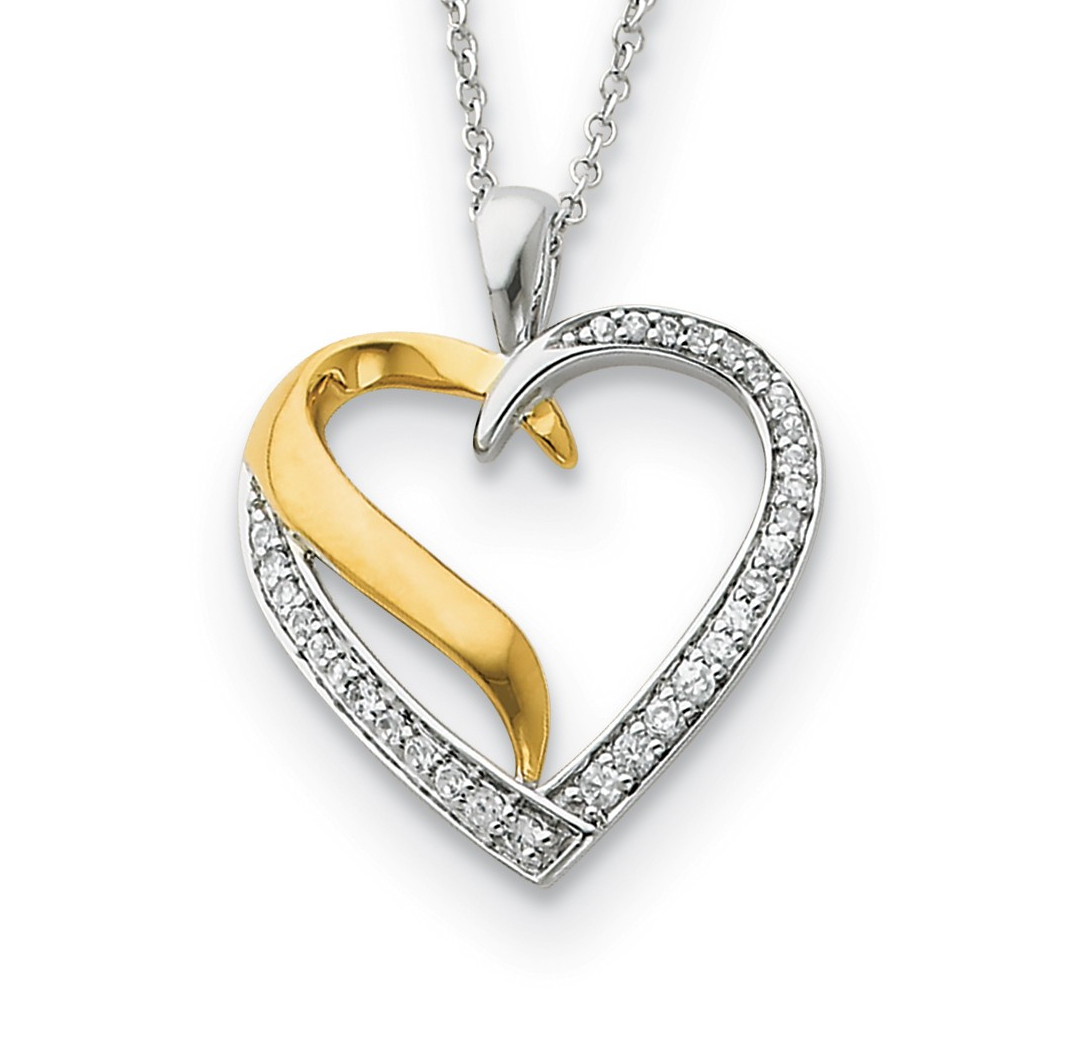  'I Cherish You' CZ Heart Pendant Necklace, Gold-Plated and Rhodium-Plated Sterling Silver.