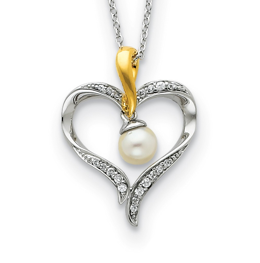  Freshwater Cultured Pearl, CZ 'Heart and Soul' Pendant Necklaces, Gold-Plated and Rhodium-Plated Sterling Silver.