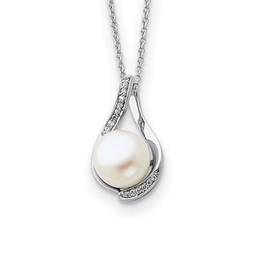  Freshwater Cultured Pearl, CZ 'Forever (Embrace)' Pendant Necklace, Rhodium-Plated Sterling Silver.