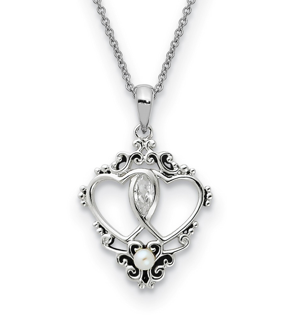  'Two Hearts, One Love' Heart CZ Rhodium-Plated Sterling Silver Antiqued Pendant Necklace.