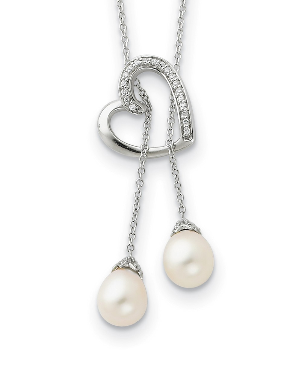  Freshwater Cultured Pearl, CZ 'Two Become One Heart' Pendant Necklace, Rhodium-Plated Sterling Silver.