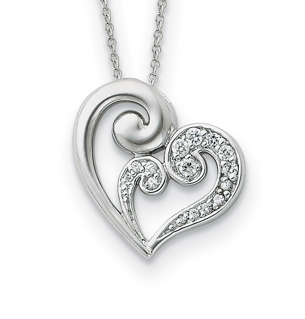'A Mother's Journey' Heart CZ Pendant Necklace, Rhodium-Plated Sterling Silver.