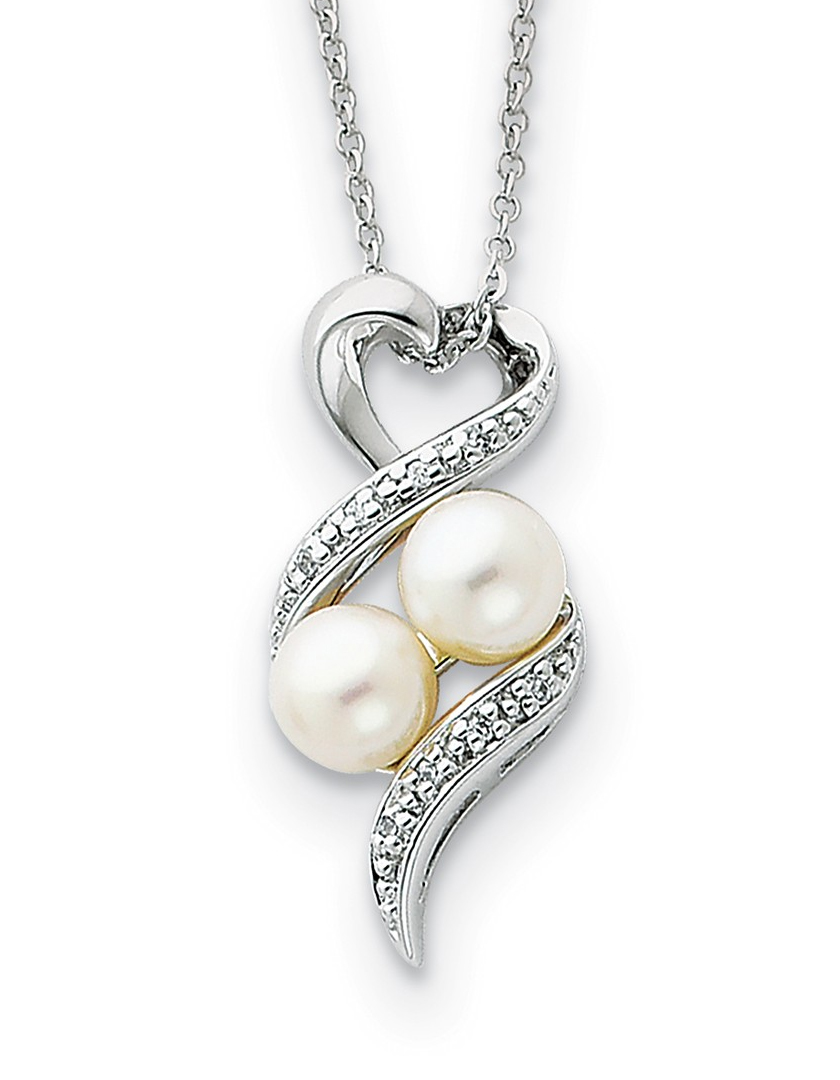 Two Freshwater Cultured Pearl and CZ 'In A Pod Motherhood, Friendship' Heart Pendant Necklace, Rhodium-Plated Sterling Silver.