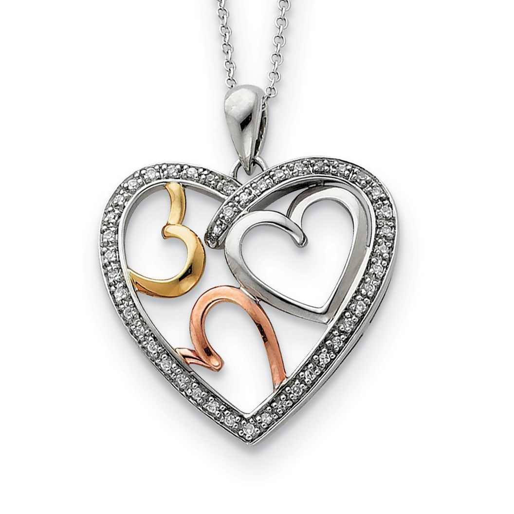 Rhodium-Plated Sterling Silver Rose and Gold-Plated CZ 'The Bond of Love' Heart Necklace.