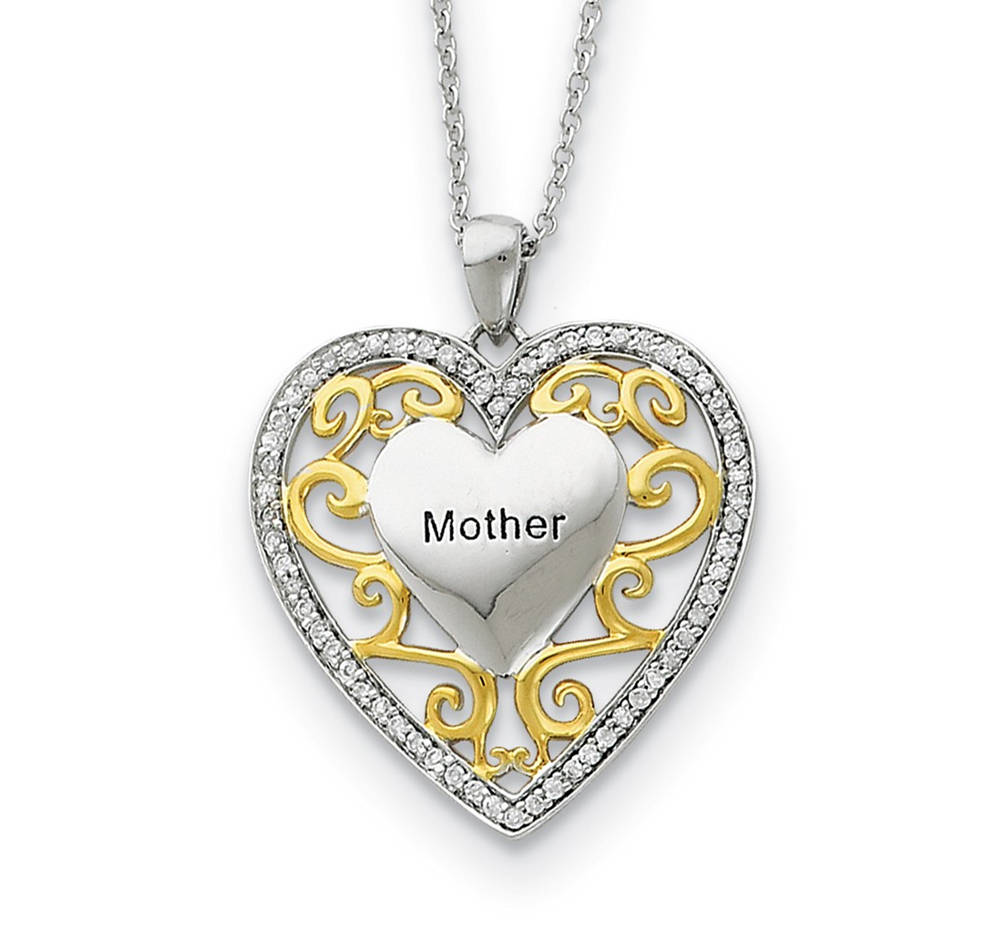 'MotherHeart' CZ Pendant Necklace, Rhodium-Plated Sterling Silver and Gold-Plated.