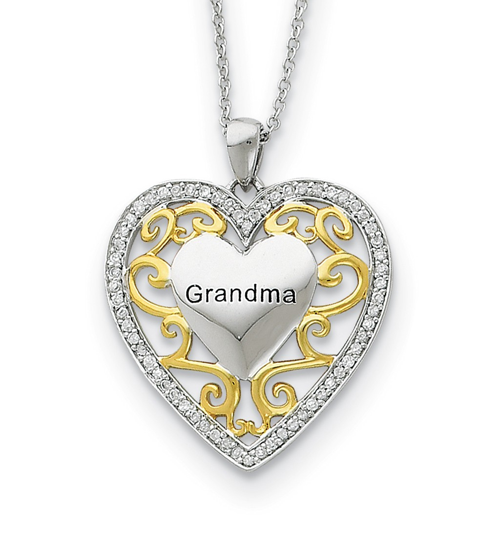 'Grandma' Heart CZ Pendant Necklace, Rhodium-Plated Sterling Silver and Gold-Plated.