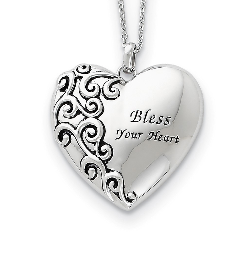 'Bless Your Heart' Rhodium-Plated Sterling Silver Antiqued Pendant Necklace.