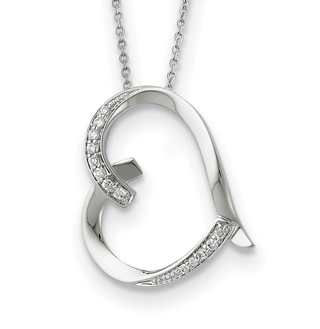  'Love You Mom' CZ Antiqued Heart Pendant Necklace, Rhodium-Plated Sterling Silver.