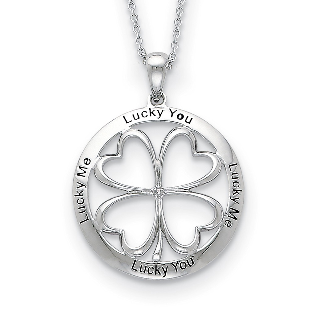  Antiqued CZ 'Lucky Me, Lucky You' Rhodium-Plated Sterling Silver Round Pendant Necklace, 18