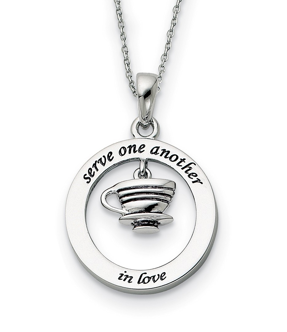 'Serve One Another In Love' Antiqued and Rhodium-Plated Sterling Silver Circle Pendant Necklace, 18