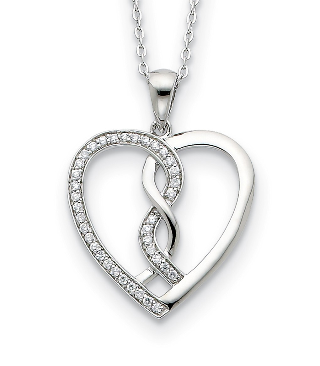 'Hearts Joined Together' CZ Pendant Necklace, Rhodium-Plated Sterling Silver, 18