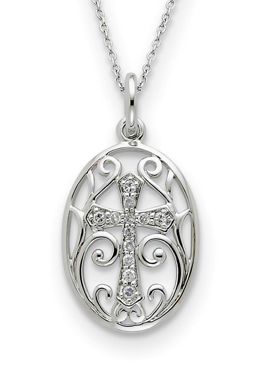 'A Second Start' Cross CZ Pendant Necklace, Rhodium-Plated Sterling Silver, 18