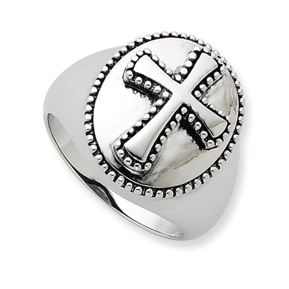Men's Rhodium-Plated Sterling Silver Antiqued Milgrain Cross Boldness Ring.