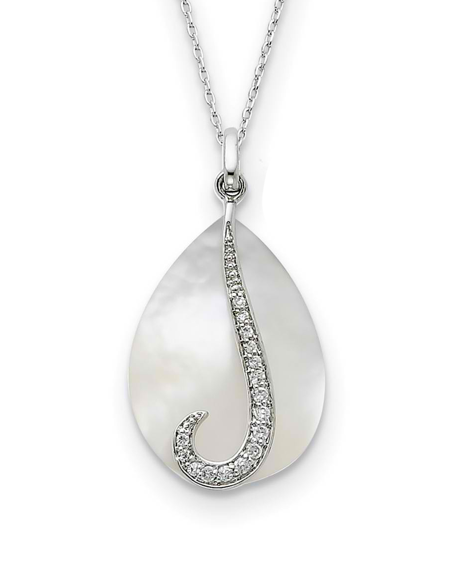   'Mother of Pearl and CZ 'Tear From Heaven' Pendant Necklace, Rhodium-Plated Sterling Silver, 18