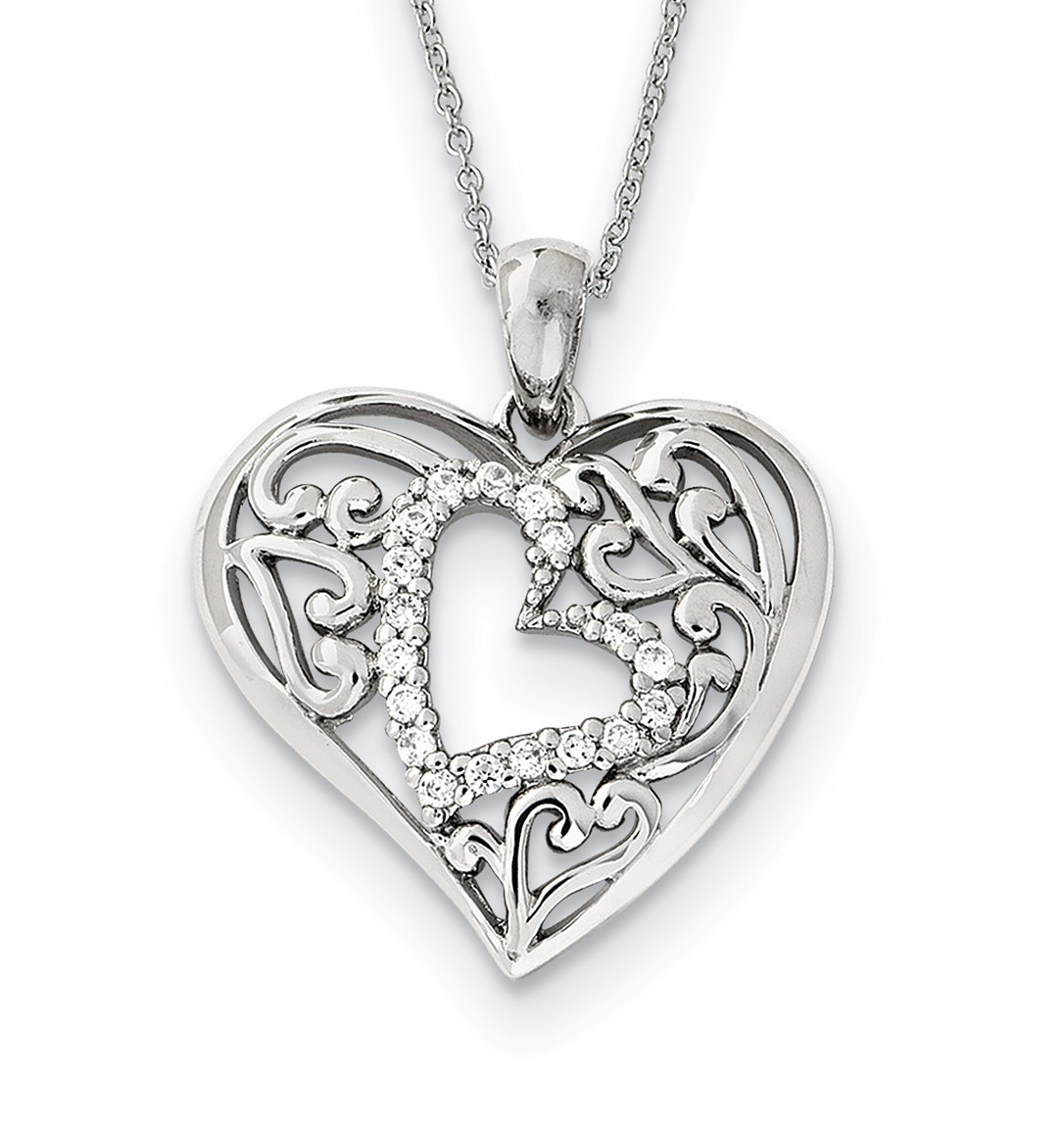   'Forever In My Heart' CZ Pendant Necklace, Rhodium-Plated Sterling Silver, 18