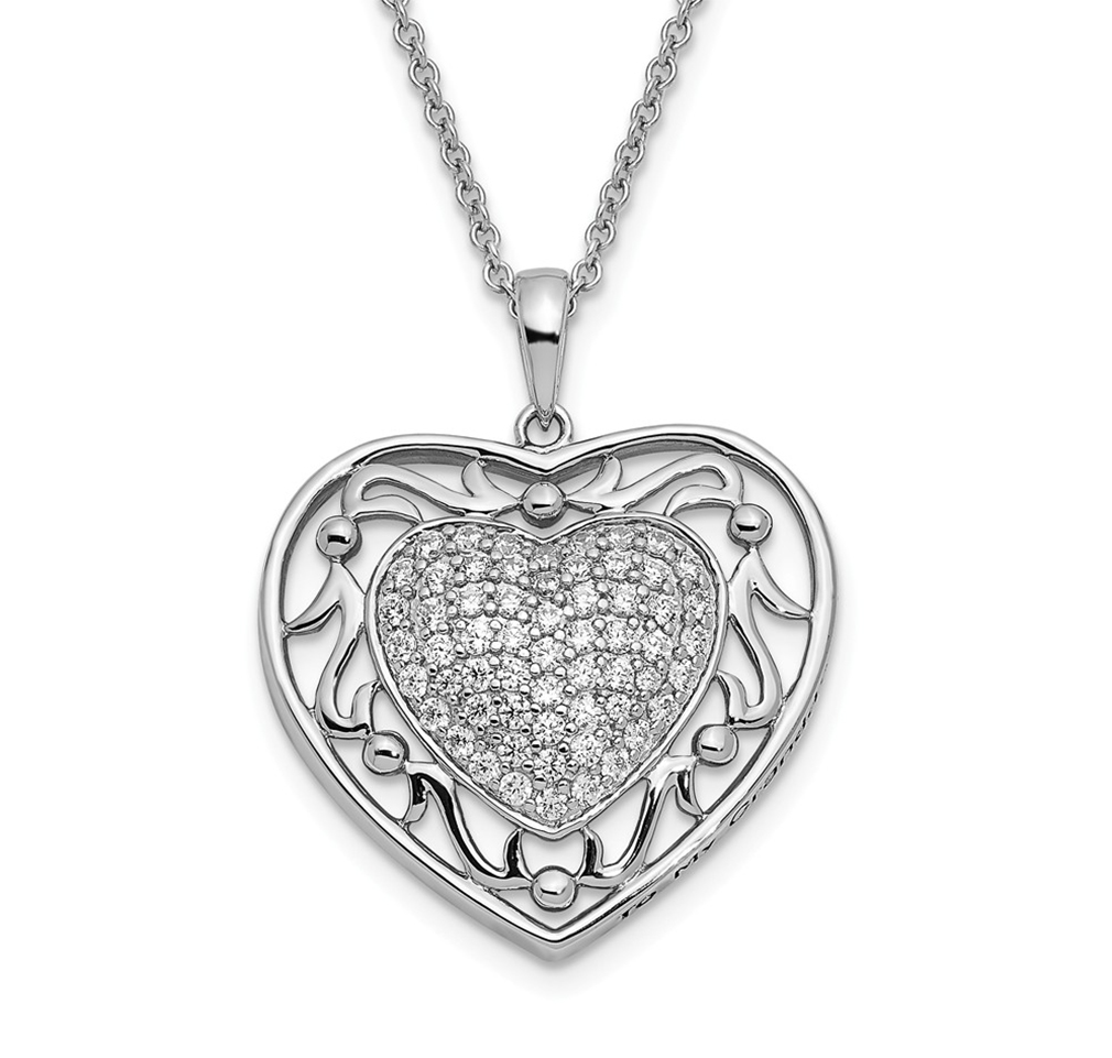   'To My Granddaughter' CZ Rhodium-Plated Sterling Silver Antiqued Heart Pendant Necklace, 18