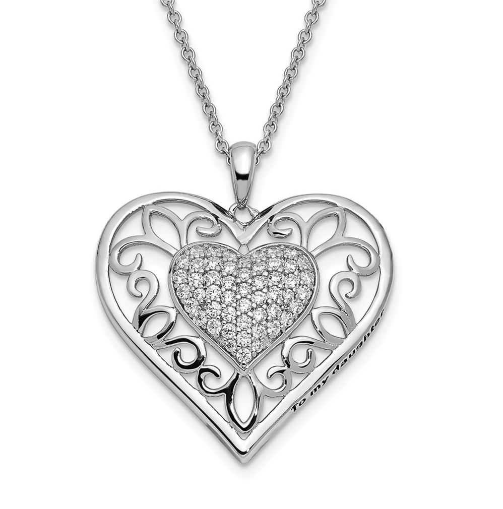   'To My Daughter' CZ Rhodium-Plated Sterling Silver Antiqued Heart Pendant Necklace, 18