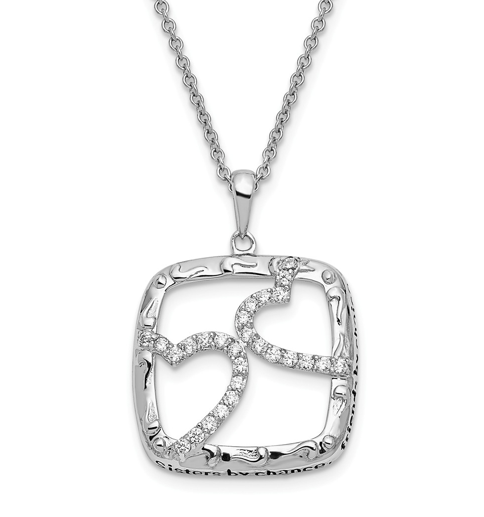   'Sisters By Chance' CZ Antiqued and Rhodium-Plated Sterling Silver Hearts Pendant Necklace, 18
