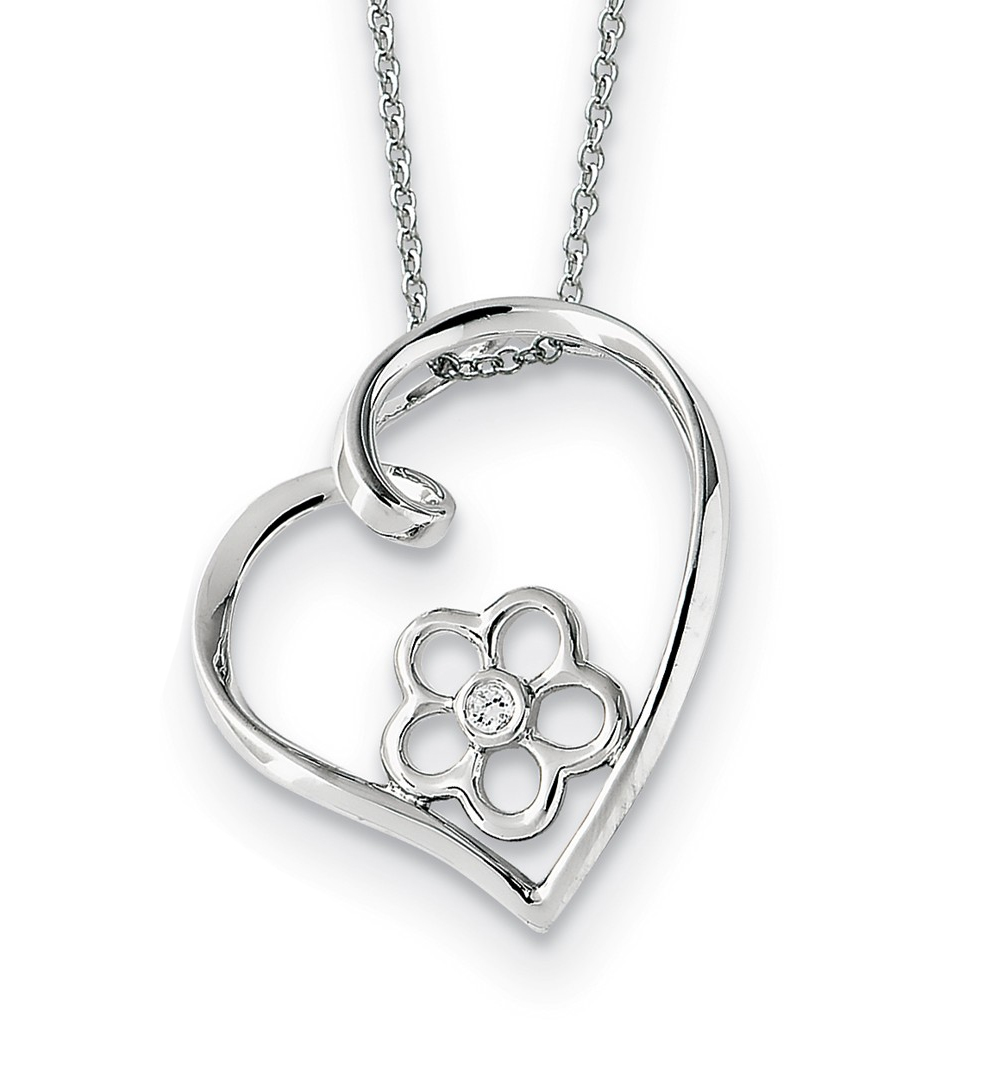   'My Special Niece' Flower In Heart CZ Pendant Necklace, Rhodium-Plated Sterling Silver, 18